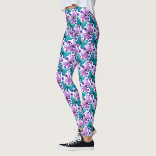 Leggings Patrón floral de mariposa púrpura verde azulado