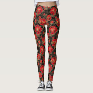 Leggings Patrón floral de peonía dorada roja asiática