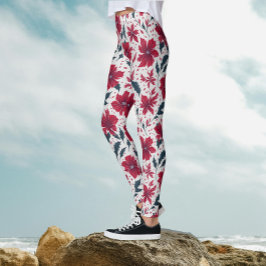 Leggings Patrón floral de Poinsettia blanca y roja de Moda 