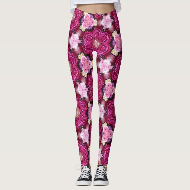Leggings Patrón floral de rosas rosadas (Anverso)