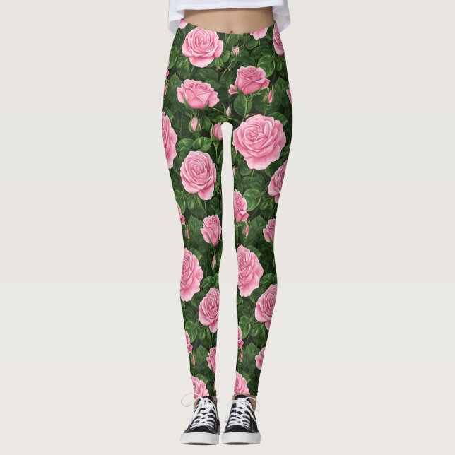 Leggings Patrón floral de rosas rosadas (Anverso)