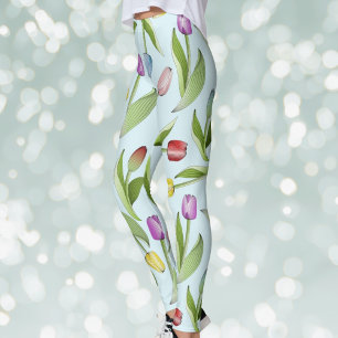 Leggings Patrón floral de tulipanes coloridos azul claro mo