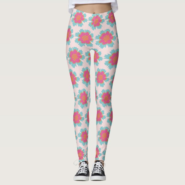 Leggings Patrón floral de verano rosa y azul (Anverso)