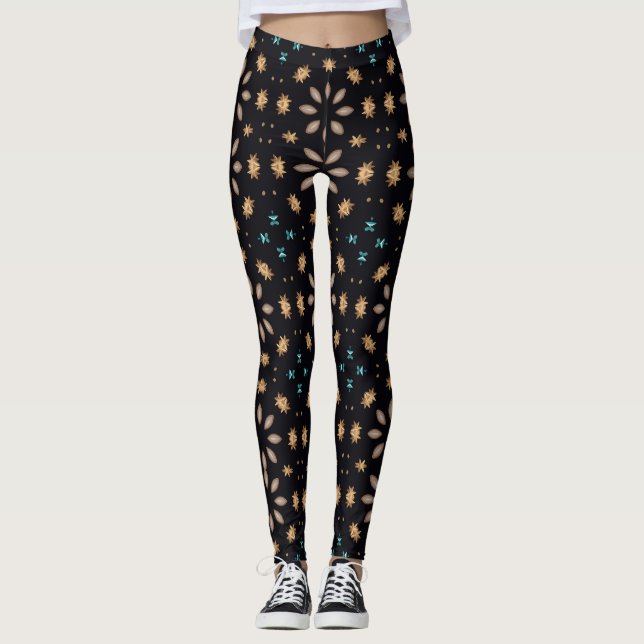 Leggings Patrón floral geométrico elegante negro y oro (Anverso)