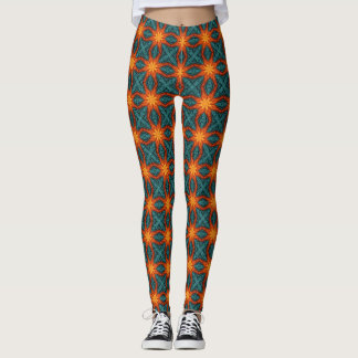 Leggings Patrón floral geométrico retro naranja azul verdos