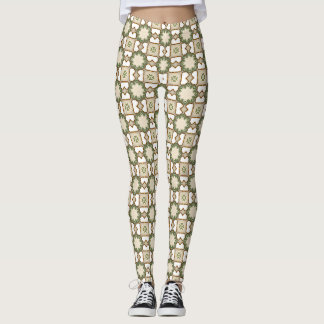 Leggings Patrón floral geométrico verde oliva vintage