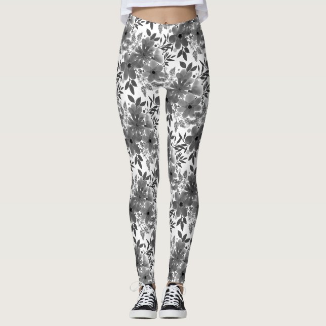Leggings Patrón floral monocromático blanco y gris (Anverso)