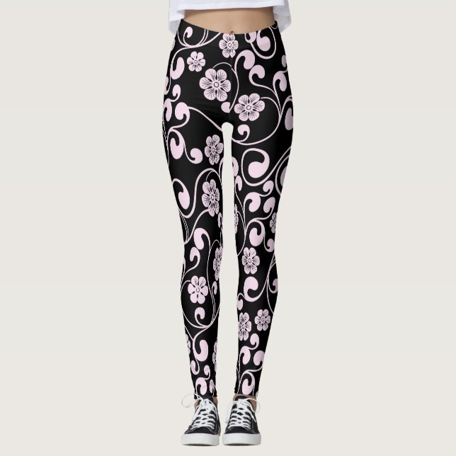 Leggings Patrón floral negro y rosa: entrenamiento femenino (Anverso)