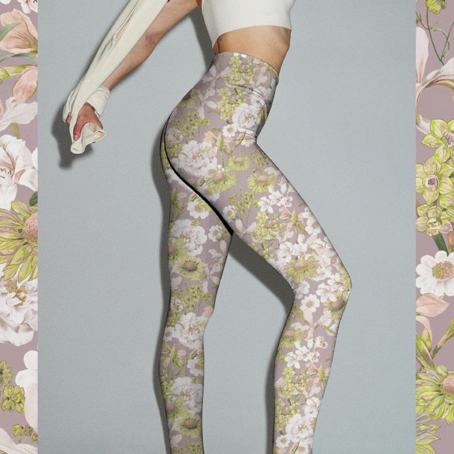 Leggings Patrón floral neutro verde claro elegante bonito (Pretty elegant light green neutral floral pattern printed leggings for yoga, fitness, filates, etc.)