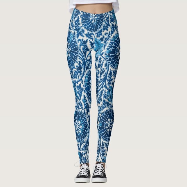 Leggings Patrón floral ornamental azul vintage (Anverso)