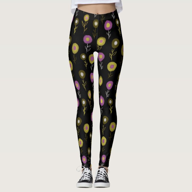 Leggings Patrón floral oscuro - Flores redondas amarillas r (Anverso)