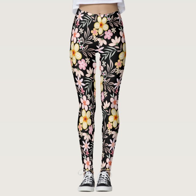 Leggings Patrón Floral Pastel C03.bw Negro BG (Anverso)
