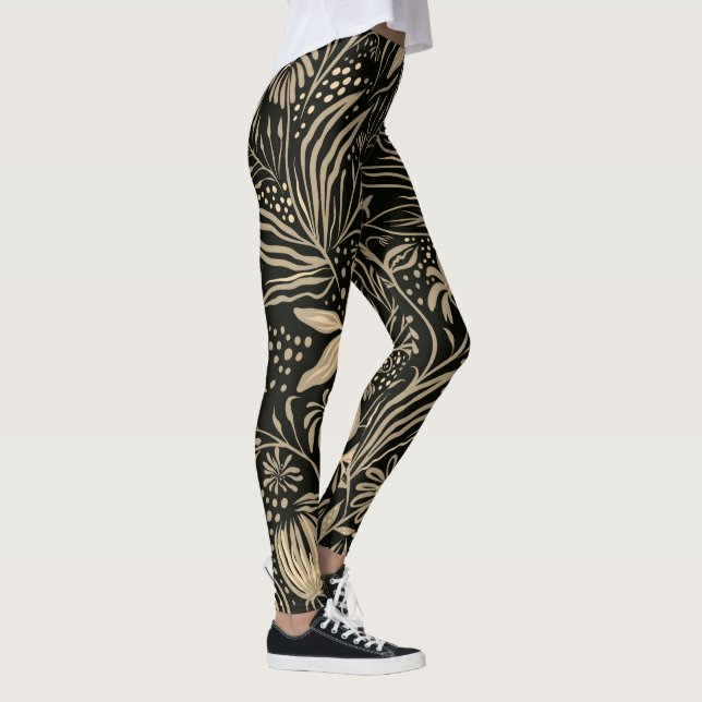 Leggings Patrón floral perezoso en oro sobre negro (Derecha)