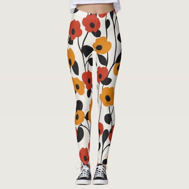 Leggings Patrón floral retro negrita rojo, Naranja y negro (Anverso)