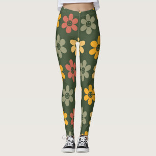 Leggings Patrón floral retro sobre fondo verde