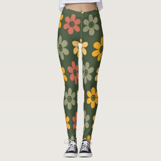 Leggings Patrón floral retro sobre fondo verde