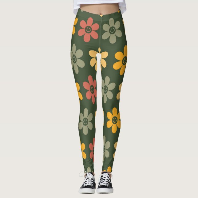 Leggings Patrón floral retro sobre fondo verde (Anverso)