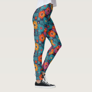 Leggings Patrón floral retro vibrante con cuadrados Verde a