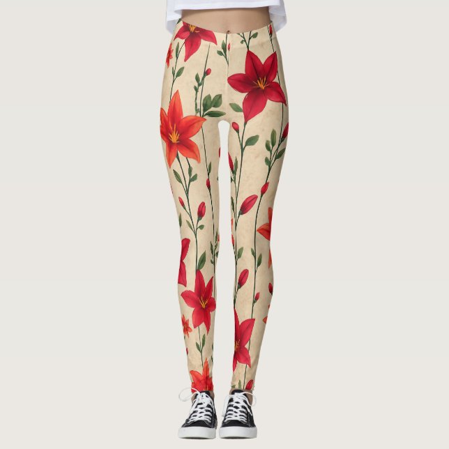 Leggings Patrón floral rojo y Naranja Lily (Anverso)