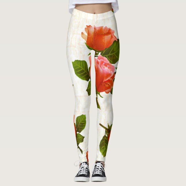 Leggings patrón floral Rosa, fondo vintage. (Anverso)