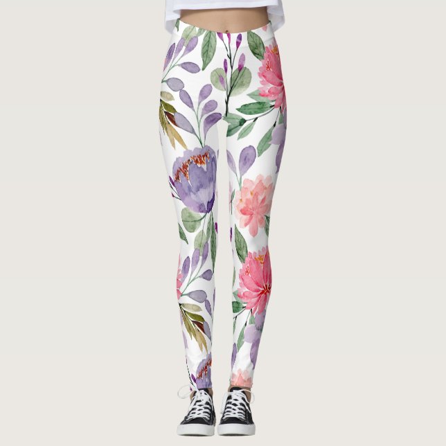 Leggings Patrón floral rosa Lilac púrpura Pastel (Anverso)