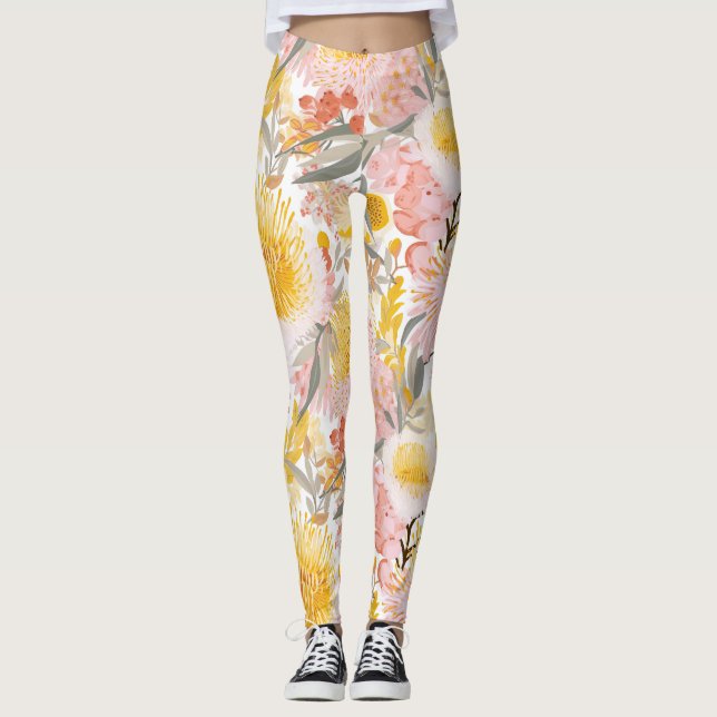 Leggings Patrón floral rosa y amarillo bonito (Anverso)