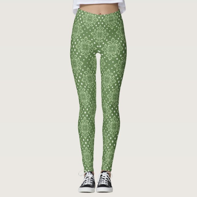 Leggings Patrón floral sereno sobre fondo verde (Anverso)