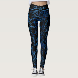 Leggings Patrón floral sin soldadura personalizado azul neg