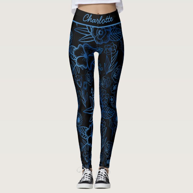 Leggings Patrón floral sin soldadura personalizado azul neg (Anverso)