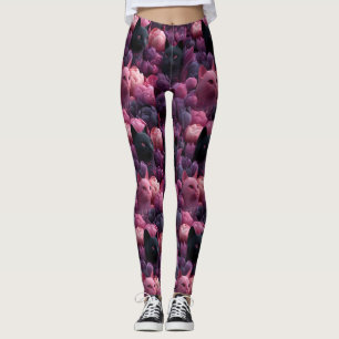 Leggings Patrón floral surrealista de gato negro y peonía r