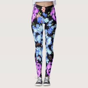 Leggings patrón floral tonos pastel fondo negro
