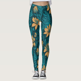 Leggings Patrón floral tropical Naranja de hojas Verde azul