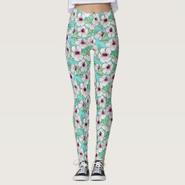 Leggings Patrón floral trópico rosa y blanco Hibiscus