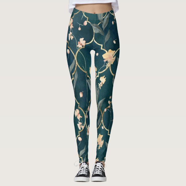 Leggings Patrón floral verde y dorado (Anverso)