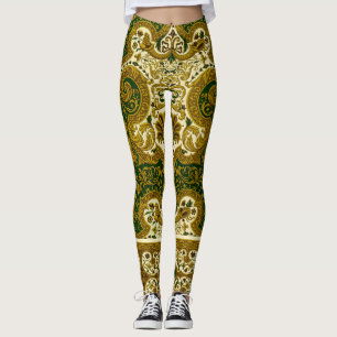 Leggings Patrón floral verde y dorado vintage