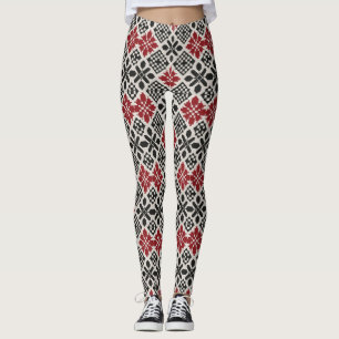 Leggings Patrón folclórico geométrico keffiyeh blanco rojo