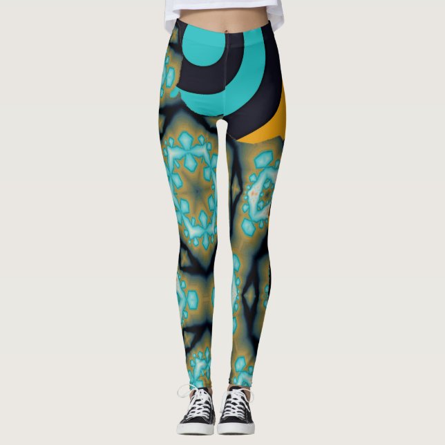 Leggings Patrón fractal y geométrico en naranja turquesa (Anverso)
