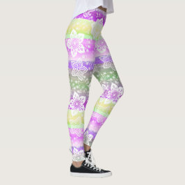 Leggings Patrón Funky Floral Purple Lime Green Strips