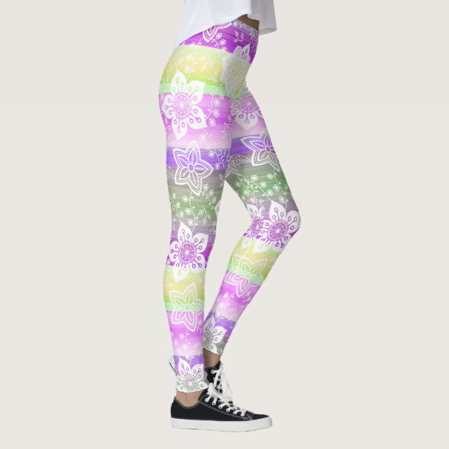 Leggings Patrón Funky Floral Purple Lime Green Strips (Derecha)