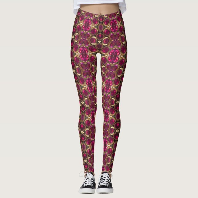 Leggings Patrón Gemstone Oro Rojo Ruby Moda elegante (Anverso)