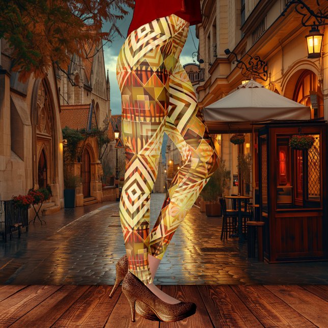 Leggings Patrón geométrico abstracto inspirado en la natura (Modern design leggings showing a nature inspired geometric pattern in a variety of warm fall colors)