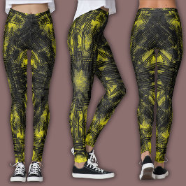 Leggings Patrón geométrico abstracto | Negro y Amarillo