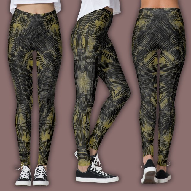 Leggings Patrón geométrico abstracto | Negro y ocre (Subido por el creador)