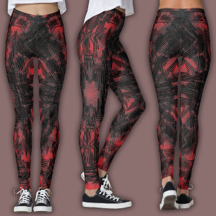 Leggings Patrón geométrico abstracto   Negro y Rojo