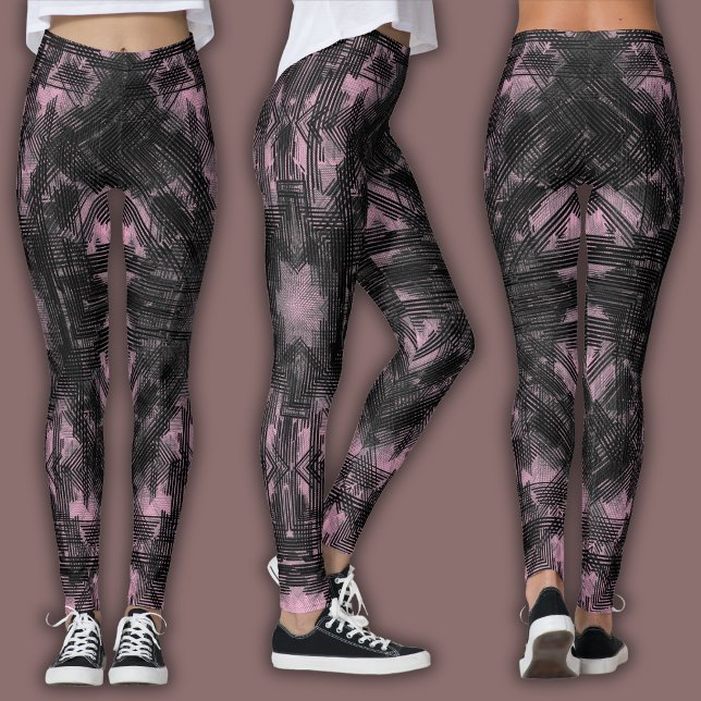Leggings Patrón geométrico abstracto | Negro y rubor (Subido por el creador)