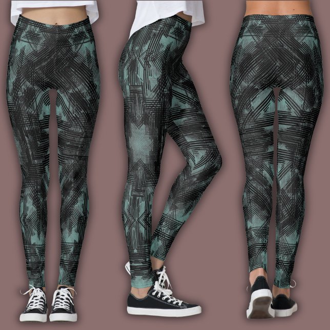 Leggings Patrón geométrico abstracto | Negro y verde azulad (Subido por el creador)