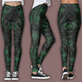 Leggings Patrón geométrico abstracto | Negro y verde profun