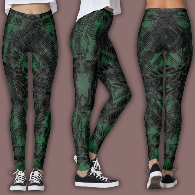 Leggings Patrón geométrico abstracto | Negro y verde profun (Subido por el creador)