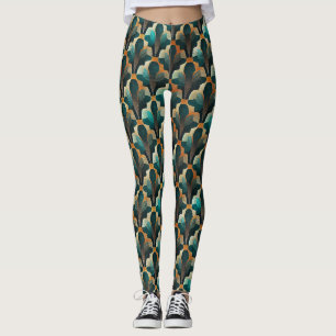 Leggings Patrón geométrico Art Deco en turquesa y dorado
