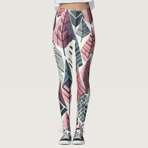 Leggings Patrón geométrico de árboles grises y rosa atómico